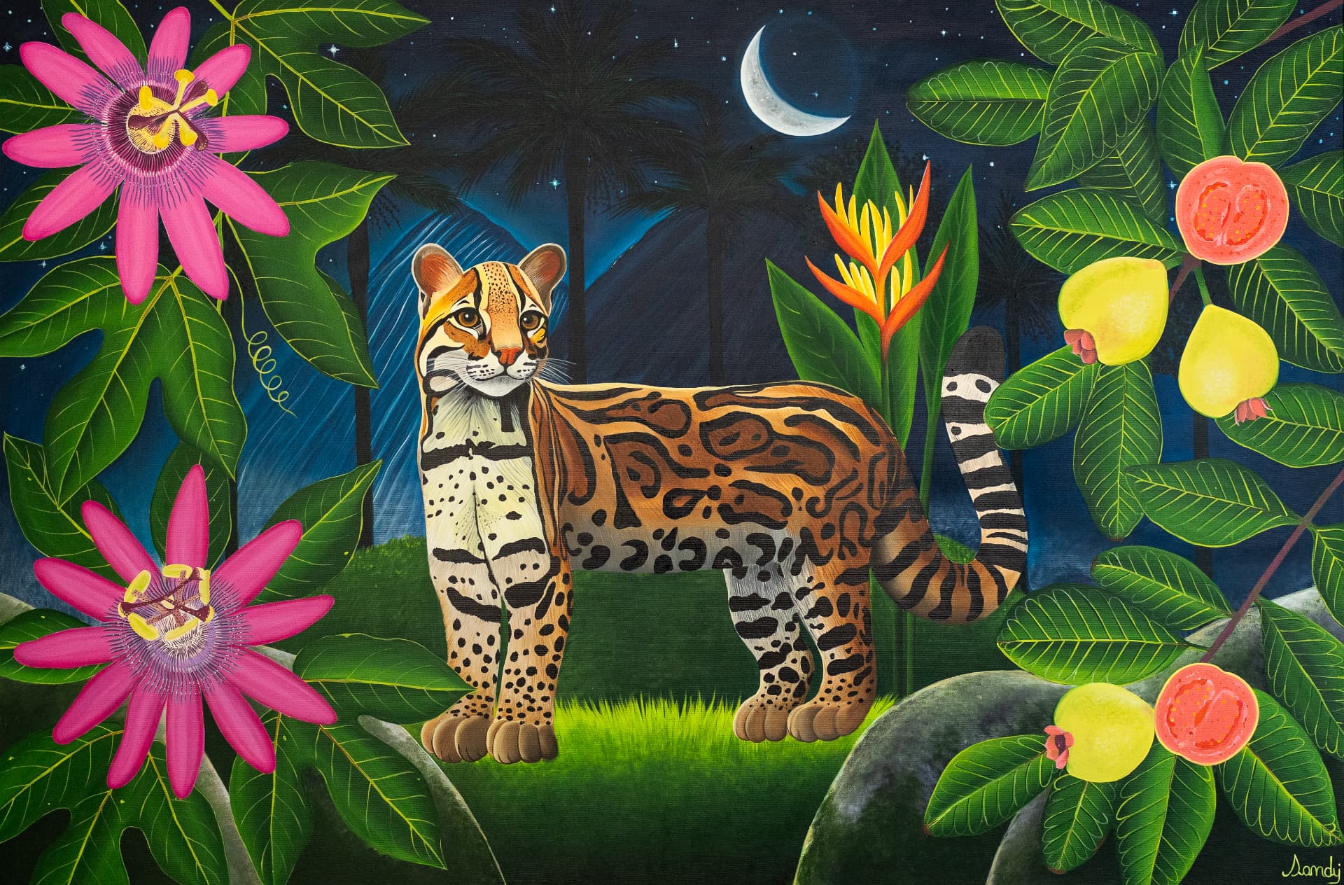 Pintura de jaguatirica entre flores e frutos